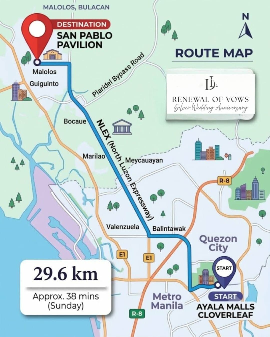 Route map to San Pablo Pavilion from Ayala Malls Cloverleaf